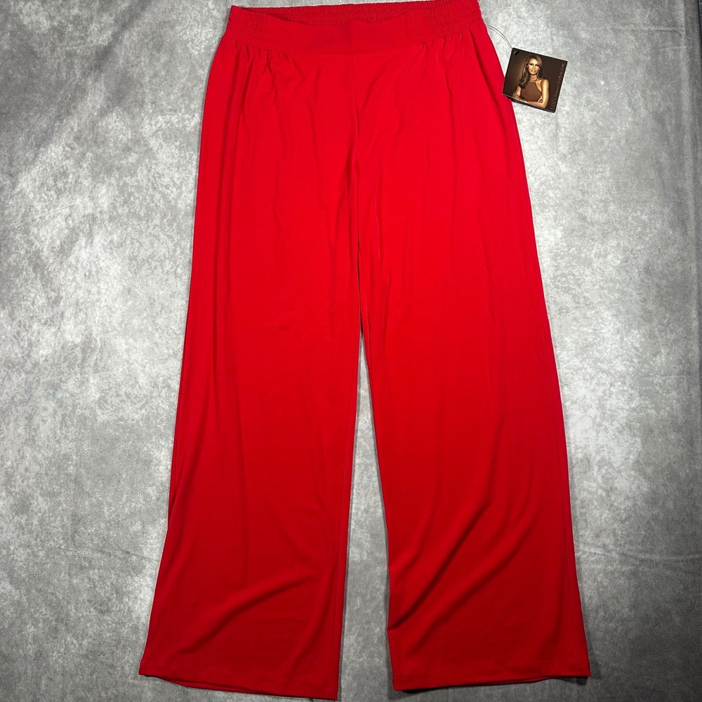 IMAN Global Chic Women Red Wide Leg Stretch Flowy Pants Large Pull On Slacks NWT